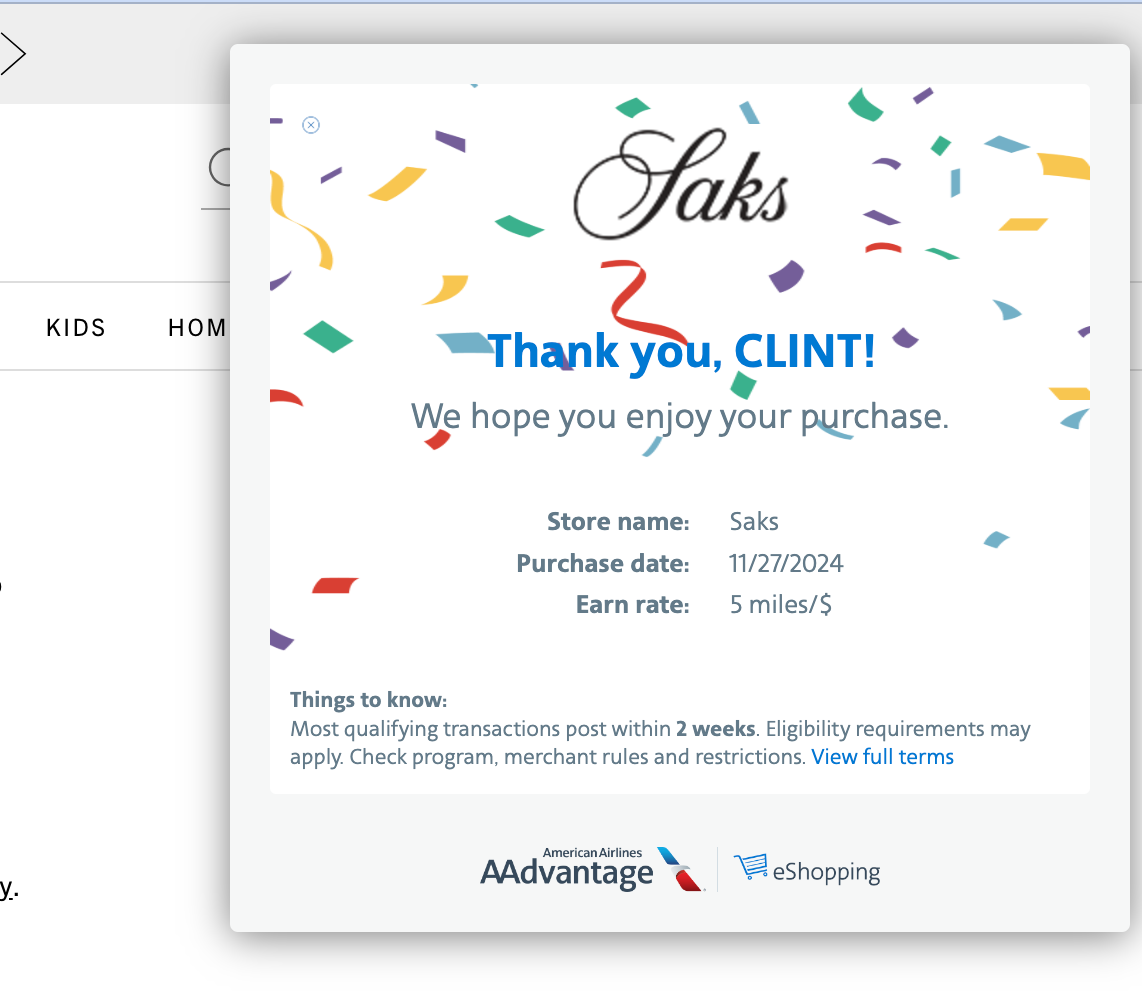 American Airlines eShopping notification. AADVANTAGE ESHOPPING